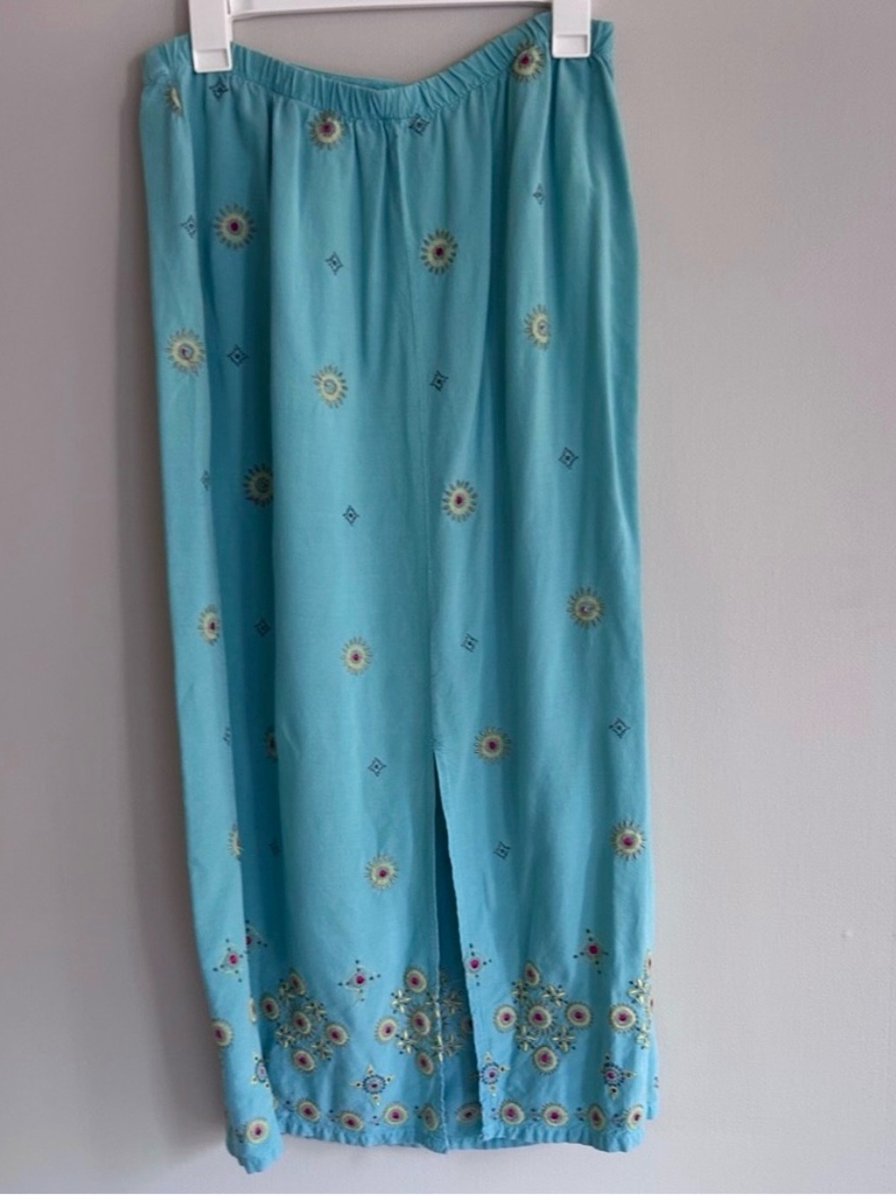 VTG Y2K Aqua Embroidered Statement Maxi Skirt Resort Coastal Boho Tropical Small - Picture 4 of 11